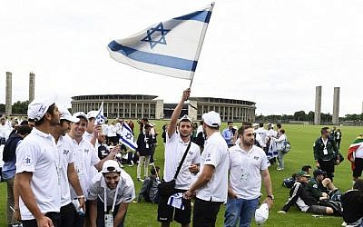 File: Members of Israel's Maccabi team at  Berlin's so-called 'Maifeld,' where the Nazis once held mass rallies, on July 28, 2015. (AFP Photo/Tobias Schwarz)