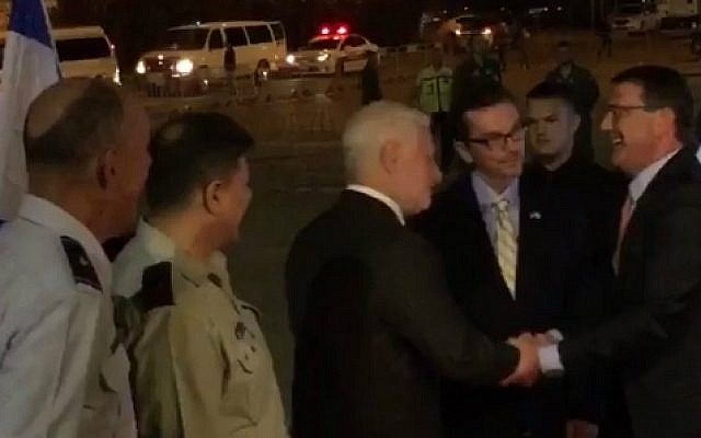 US Secretary of Defense Ash Carter greets Israeli officials as he arrives at Ben-Gurion Airport in Tel Aviv on July 19, 2015. (screen capture: Twitter) US Secretary of Defense Ash Carter greets Israeli officials as he arrives at Ben-Gurion Airport in Tel Aviv on July 19, 2015. (screen capture: Twitter)