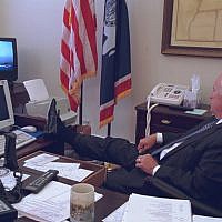 Then-vice president Dick Cheney watches a TV broadcast of the Twin Towers burning following the attack on New York on September 11, 2001. (US National Archives)