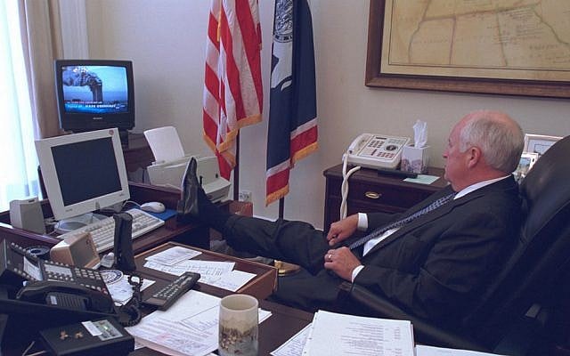 Then-vice president Dick Cheney watches a TV broadcast of the Twin Towers burning following the attack on New York on September 11, 2001. (US National Archives) Then-vice president Dick Cheney watches a TV broadcast of the Twin Towers burning following the attack on New York on September 11, 2001. (US National Archives)