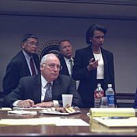 Dick Cheney, Condoleezza Rice and administration staff at the President's Emergency Operations Center in the White House on September 11, 2001. (photo credit: US National Archives)
