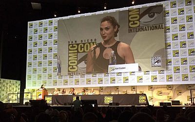 Israeli actress Gal Gadot answers an audience question at the San Diego Comic-Con International on July 11, 2015. (Karen Yossman/The Times of Israel)