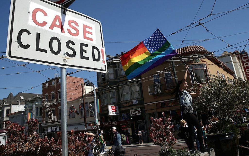 A same-sex marriage supporter celebrating in San Francisco following the Supreme Court ruling on gay marriage, June 26, 2015. (Justin Sullivan/Getty Images/via JTA) A same-sex marriage supporter celebrating in San Francisco following the Supreme Court ruling on gay marriage, June 26, 2015. (Justin Sullivan/Getty Images/via JTA)