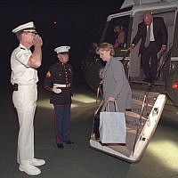 Then-vice president Dick Cheney and his wife Lynne Cheney disembark from Marine Two at Camp David on September 11, 2001. (photo credit: US National Archives)