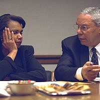 Then-secretary of state Colin Powell with former national security advisor Condoleezza Rice at the President's Emergency Operations Center in the White House on September 11, 2001. (photo credit: US National Archives)