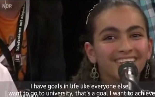 Palestinian teen Reem Sawhil talks to German Chancellor Angela Merkel during a televised debate in Rostock, Germany on July 16, 2015. (screenshot: YouTube) Palestinian teen Reem Sawhil talks to German Chancellor Angela Merkel during a televised debate in Rostock, Germany on July 16, 2015. (screenshot: YouTube)