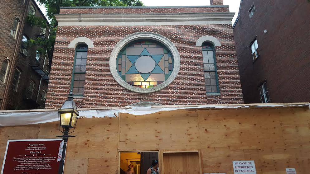 As seen on July 17, 2015, the exterior of Boston’s so-called Vilna Shul undergoes restoration. Located on the backside of historic Beacon Hill, the 1919-built synagogue has been the home of Boston’s Center for Jewish Culture since 1995. (photo credit: Matt Lebovic/The Times of Israel) As seen on July 17, 2015, the exterior of Boston’s so-called Vilna Shul undergoes restoration. Located on the backside of historic Beacon Hill, the 1919-built synagogue has been the home of Boston’s Center for Jewish Culture since 1995. (photo credit: Matt Lebovic/The Times of Israel)