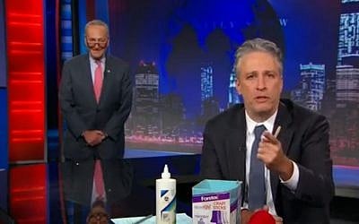 Jon Stewart (Right) and Senator Chuck Schumer on The Daily Show, July 23, 2015 (Comedy Central screen capture)