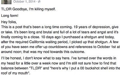 Suicide note posted on Facebook. The writer reportedly killed herself in October 2014 (Facebook)