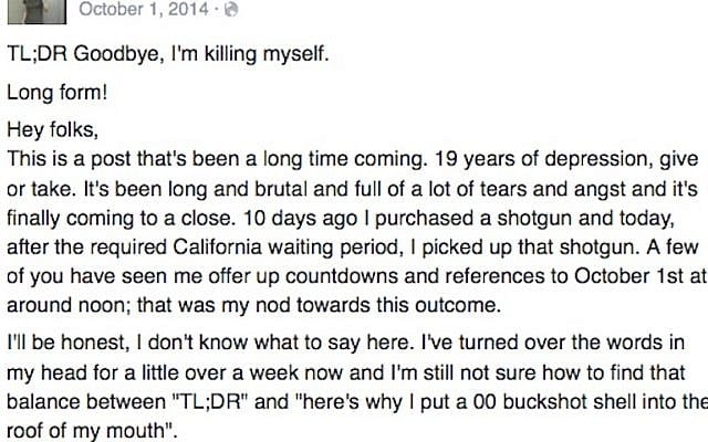 Suicide note posted on Facebook. The writer reportedly killed herself in October 2014 (Facebook) Suicide note posted on Facebook. The writer reportedly killed herself in October 2014 (Facebook)