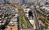 A simulation of what the urban park to be built atop the Ayalon Highway in Tel Aviv will look like. (Tel Aviv Municipality)