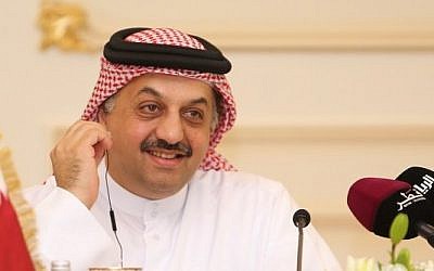 Qatari Foreign Minister Khalid bin Mohammad Al-Attiyah listens during a press conference in Doha, August 3, 2015. (AFP/Al-Watan Doha/Karim Jaafar)