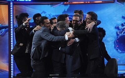  Jessica Williams, Hasan Minhaj, Aasif Mandvi, Stephen Colbert, Jon Stewart, Steve Carell, Jordan Klepper, John Oliver and Wyatt Cenac appear on "The Daily Show with Jon Stewart"on August 6, 2015 in New York City.  (Brad Barket/Getty Images for Comedy Central/AFP)