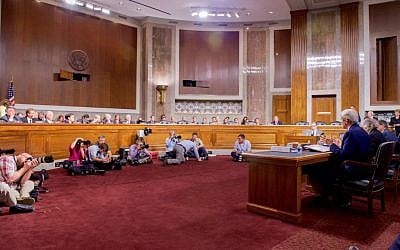 US Secretary of State John Kerry, flanked by US Energy Secretary Dr. Ernest Moniz and US Treasury Secretary Jack Lew, testifies on July 23, 2015, about the Iranian nuclear deal before the Senate Foreign Relations Committee in Washington, DC. (US State Department)