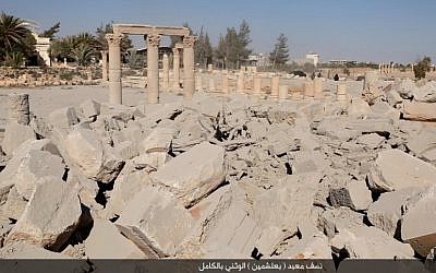 Destroyed ruins at the ancient archaeological site in Palmyra, Syria, on Sunday, August 23, 2015. (courtesy)