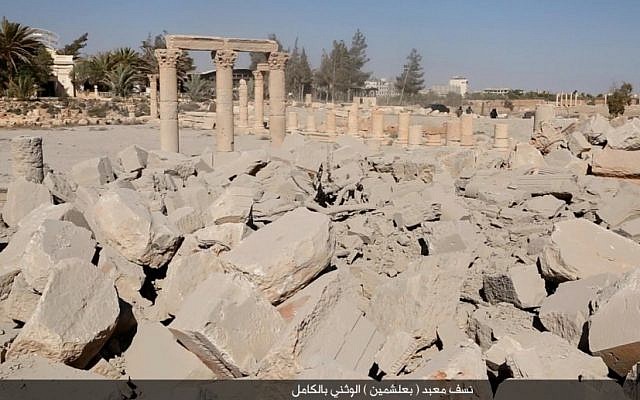 Destroyed ruins at the ancient archaeological site in Palmyra, Syria, on Sunday, August 23, 2015. (courtesy) Destroyed ruins at the ancient archaeological site in Palmyra, Syria, on Sunday, August 23, 2015. (courtesy)