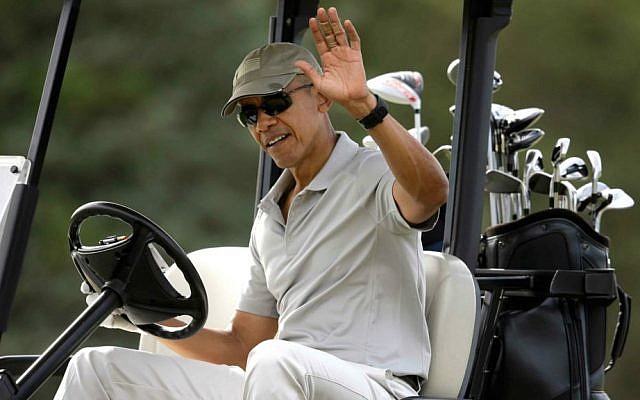 President Barack Obama waves to bystanders from his golf cart while golfing Saturday, Aug. 8, 2015, at Farm Neck Golf Club, in Oak Bluffs, Massachusetts, on the island of Martha's Vineyard. (AP Photo/Steven Senne) President Barack Obama waves to bystanders from his golf cart while golfing Saturday, Aug. 8, 2015, at Farm Neck Golf Club, in Oak Bluffs, Massachusetts, on the island of Martha's Vineyard. (AP Photo/Steven Senne)