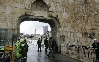 Dung Gate, located in the southeast corner of Jerusalem's Old Ciy, is the closest entrance to the Western Wall and is the main passage for vehicles. (AP Photo/Sebastian Scheiner)