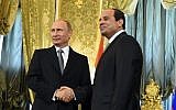 Russian President Vladimir Putin, left, greets Egyptian President Abdel-Fattah el-Sissi in Moscow, Russia, August 2015. (Mohammed Abdel Moatey/MENA via AP)