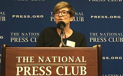 Rabbi Barbara Aiello speaking at the National Press Club in Washington, DC, August 13, 2015. (Menachem Wecker/JTA)