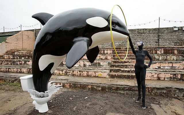 A Banksy piece depicting an orca whale jumping out of a toilet is displayed at Banksy's biggest show to date, entitled 'Dismaland', during a press viewing in Western-super-Mare, Somerset, England, Thursday, August 20, 2015. (Yui Mok/PA Wire via AP) A Banksy piece depicting an orca whale jumping out of a toilet is displayed at Banksy's biggest show to date, entitled 'Dismaland', during a press viewing in Western-super-Mare, Somerset, England, Thursday, August 20, 2015. (Yui Mok/PA Wire via AP)