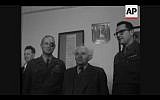 Chief of General Staff Moshe Dayan passes his title to Haim Lascov during a 1958 ceremony (Screenshot of newsreel footage from YouTube)