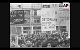 Tel Aviv students protest France's arms embargo of Israel in 1969 (Screenshot of newsreel footage from YouTube)