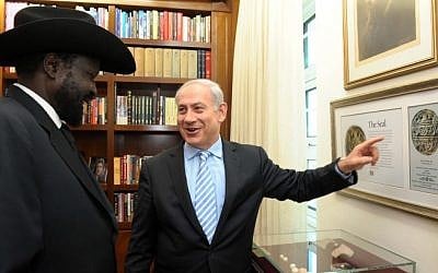 South Sudanese President Salva Kiir Mayardit meets with Prime Minister Benjamin Netanyahu in December 2011. (Avi Ohayon/GPO/Flash90) South Sudanese President Salva Kiir Mayardit meets with Prime Minister Benjamin Netanyahu in December 2011. (Avi Ohayon/GPO/Flash90)