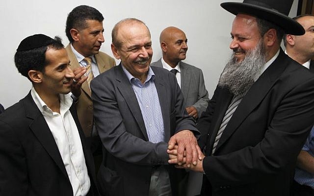 Israeli Likud and Shas party members meet with senior Palestinian officials Yasser Abed Rabbo and Nabil Shaath at the PLO offices in Ramallah, July 7, 2013 (Mati Milstein/Flash90) Israeli Likud and Shas party members meet with senior Palestinian officials Yasser Abed Rabbo and Nabil Shaath at the PLO offices in Ramallah, July 7, 2013 (Mati Milstein/Flash90)