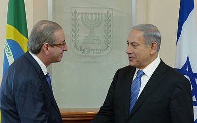 Prime Minister Benjamin Netanyahu meets with Brazilian Congress Speaker Eduardo Cunha, in Jerusalem, on June 03, 2015. (Amos Ben Gershom/GPO)