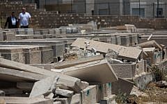 A view of tombstones vandalized in the Mount of Olives cemetery on June 23, 2015 (Yonatan Sindel/Flash90)