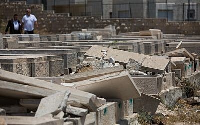 A view of tombstones vandalized in the Mount of Olives cemetery on June 23, 2015 (Yonatan Sindel/Flash90)