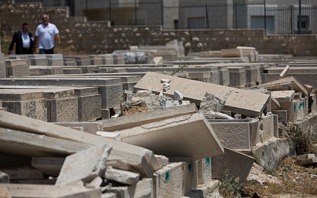 A view of tombstones vandalized in the Mount of Olives cemetery on June 23, 2015 (Yonatan Sindel/Flash90)