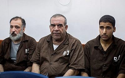 A group of terrorists involved in the terror attack near Shvut Rachel on June 29, where Malachi Rosenfeld was murdered, is seen at Israel's Ofer military court near the West Bank city of Ramallah on August 17, 2015. (Yonatan Sindel/Flash90)