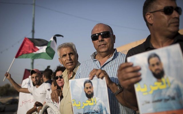 Palestinians and Bedouins demonstrate for the release of Palestinian prisoner Muhammed Allaan, in the Bedouin city of Rahat in south Israel, on August 18, 2015 (Hadas Parush/Flash90) Palestinians and Bedouins demonstrate for the release of Palestinian prisoner Muhammed Allaan, in the Bedouin city of Rahat in south Israel, on August 18, 2015 (Hadas Parush/Flash90)