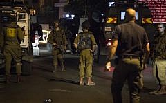 Illustrative photo of IDF soldiers and security personnel at the scene where an Israeli soldier was wounded by an explosive device at the Panorama military post near Beit Jala, south of Jerusalem, August 19, 2015. (Hadas Parush/Flash90)
