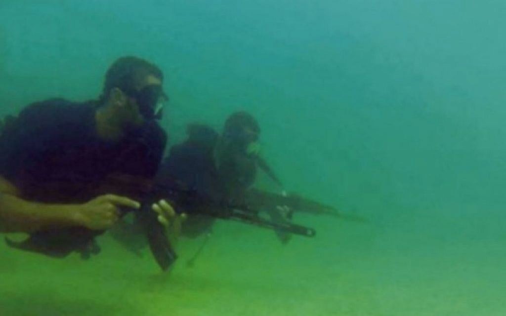 Hamas naval commandos, seen in a still image from a propaganda video released by the terror group during Israel's Operation Protective Edge, in the summer of 2014. (Screen capture)
