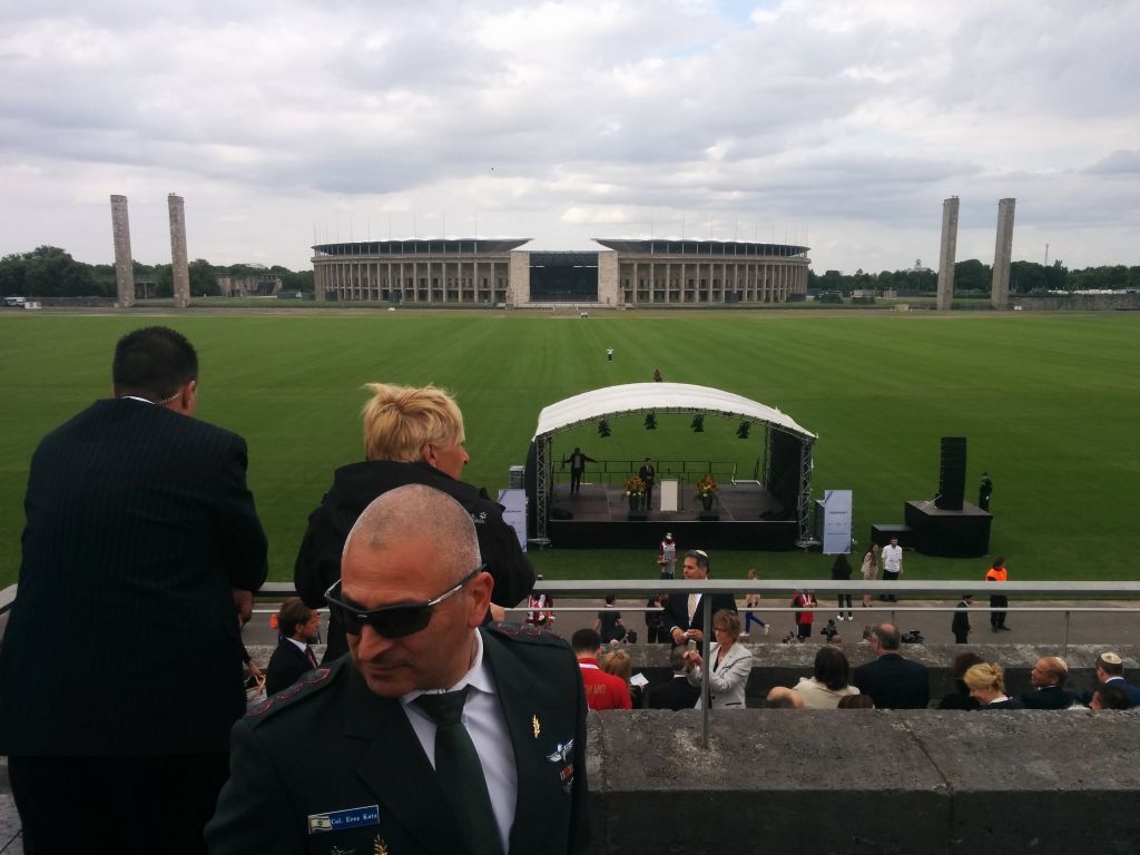 An IDF officer stands before Berlin's Olympiastadion for a ceremony during the European Maccabi Games on July 28, 2015. (Ilan Ben Zion/Times of Israel) An IDF officer stands before Berlin's Olympiastadion for a ceremony during the European Maccabi Games on July 28, 2015. (Ilan Ben Zion/Times of Israel)
