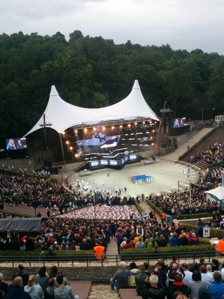 The opening ceremony of the European Maccabi Games in Berlin, a first since World War II, at the Waldbüche amphitheater, constructed for the 1936 Olympic Games and originally named for Adolf Hitler's mentor Dietrich Eckart, July 29, 2015. (Ilan Ben Zion/Times of Israel) The opening ceremony of the European Maccabi Games in Berlin, a first since World War II, at the Waldbüche amphitheater, constructed for the 1936 Olympic Games and originally named for Adolf Hitler's mentor Dietrich Eckart, July 29, 2015. (Ilan Ben Zion/Times of Israel)