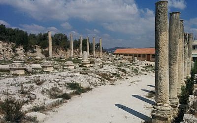 Remains of the Roman basilica at Sebastia in the West Bank, August 2015. (Ilan Ben Zion)
