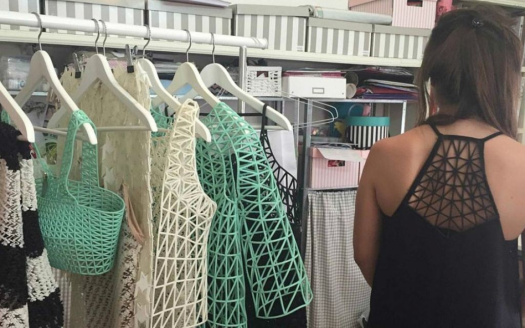 Dani Peleg, at her home studio with a selection of her 3D printed clothing (Zahava Presser/Times of Israel) Dani Peleg, at her home studio with a selection of her 3D printed clothing (Zahava Presser/Times of Israel)