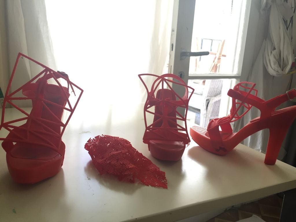 Red stiletto heels printed on a 3D printer for a fashion student's final project (Zahava Presser/Times of Israel) Red stiletto heels printed on a 3D printer for a fashion student's final project (Zahava Presser/Times of Israel)