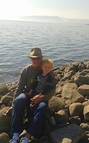 Jerry Narron and grandson Aviel Mitchell at Israel's Sea of Galilee, December 2014. (Callie Mitchell/via JTA)
