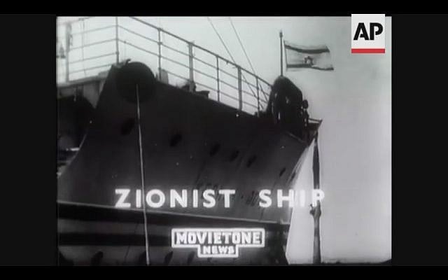 The SS Kedmah, the state of Israel's first official passenger liner, carries Jewish refugees to Palestine (Screenshot of newsreel footage from YouTube)