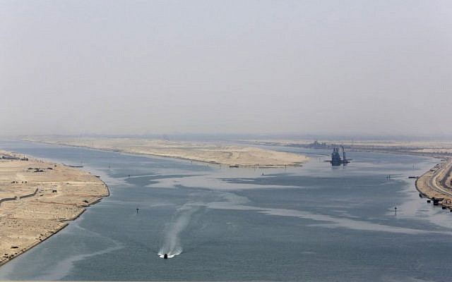 An army Zodiac secures the entrance of the new section of the Suez Canal in Ismailia, Egypt, August 6, 2015. (AP/Amr Nabil) An army Zodiac secures the entrance of the new section of the Suez Canal in Ismailia, Egypt, August 6, 2015. (AP/Amr Nabil)