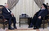 In this picture released by the Hezbollah media department, Hezbollah leader Hassan Nasrallah, right, meets with Iranian Foreign Minister Mohammad Javad Zarif, left, in Beirut, Lebanon, Wednesday, Aug. 12, 2015.  (Hezbollah Media Department via AP)