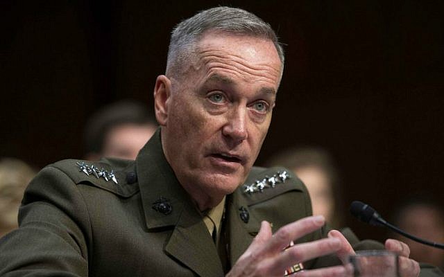 In this July 9, 2015, file photo, then-Marine Corps Commandant Gen. Joseph Dunford, Jr., testifies during his Senate Armed Services Committee confirmation hearing to become the Chairman of the Joint Chiefs of Staff, on Capitol Hill in Washington. (AP Photo/Cliff Owen, File) In this July 9, 2015, file photo, then-Marine Corps Commandant Gen. Joseph Dunford, Jr., testifies during his Senate Armed Services Committee confirmation hearing to become the Chairman of the Joint Chiefs of Staff, on Capitol Hill in Washington. (AP Photo/Cliff Owen, File)