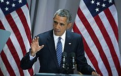 US President Barack Obama speaking about the Iran nuclear agreement at American University in Washington, DC, August 5, 2015. (Alex Wong/Getty Images/JTA)