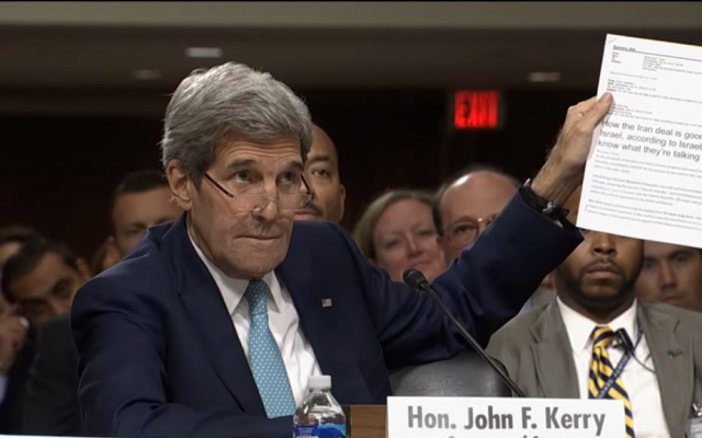 US Secretary of State John Kerry quotes a Washington Post article, which cites Israeli ex-security personnel who supposedly support the Iran nuclear deal, during a Senate hearing on July 23, 2015. (Screen capture: RollCall) US Secretary of State John Kerry quotes a Washington Post article, which cites Israeli ex-security personnel who supposedly support the Iran nuclear deal, during a Senate hearing on July 23, 2015. (Screen capture: RollCall)