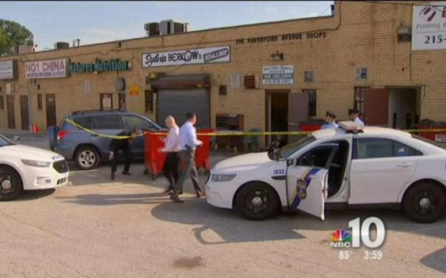 Scene of the shooting outside a kosher bakery in Philadelphia, Pennsylvania, August 7, 2015. (screen capture: NBC 10) Scene of the shooting outside a kosher bakery in Philadelphia, Pennsylvania, August 7, 2015. (screen capture: NBC 10)
